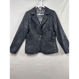 Reba Studded Faux Leather Blazer Womens Medium Black  Leopard Moto Jacket